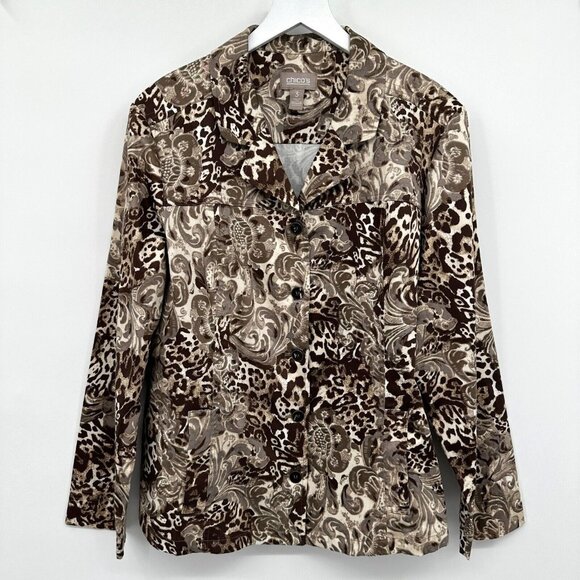 Chicos 3 US XL 16 18 Jacket Coat Woven Cotton Brown Stretch‎ Pockets Button Up - Picture 1 of 11